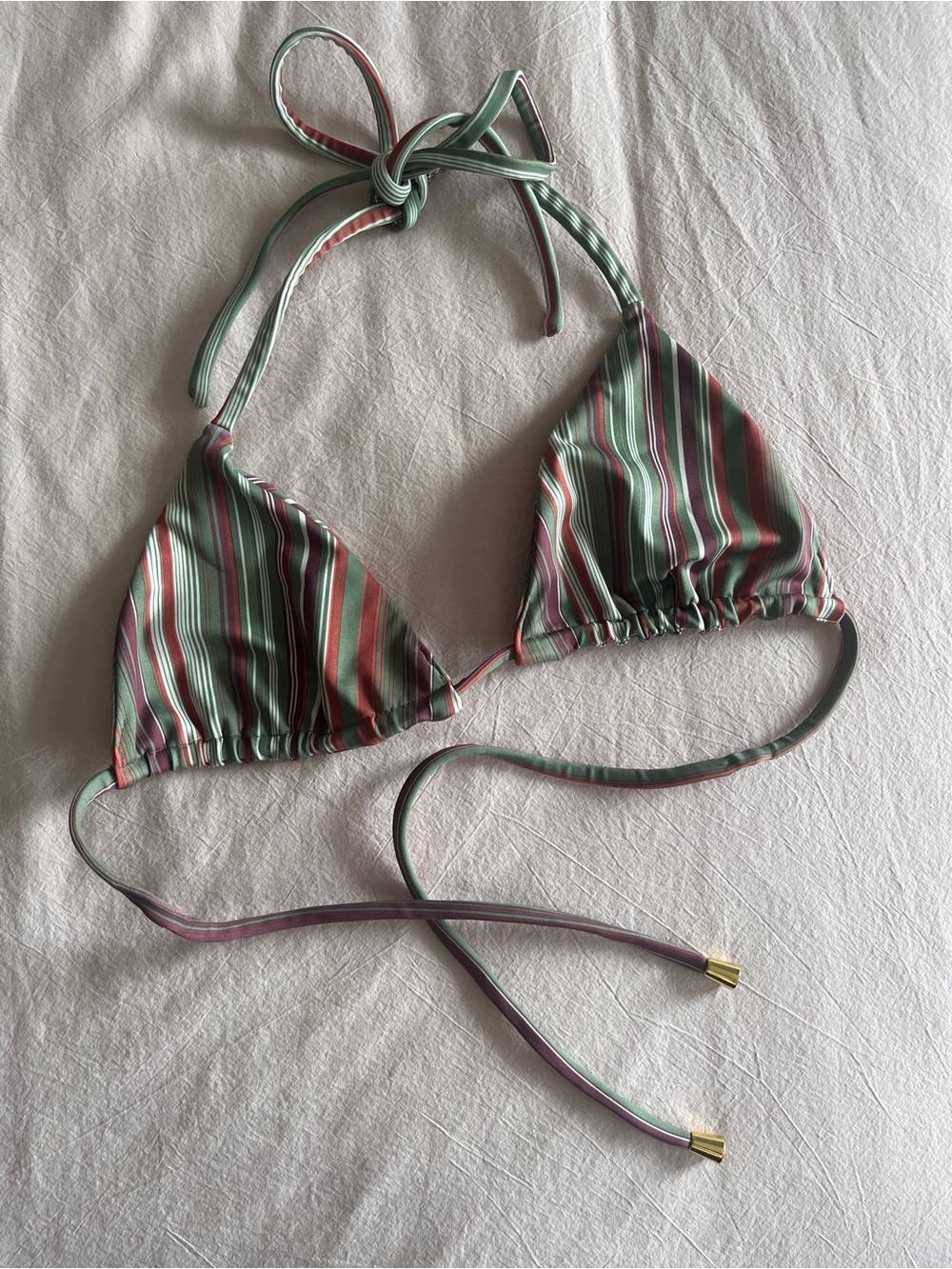 Striped Triangle Bikini Top in Mint, Coral & Plum